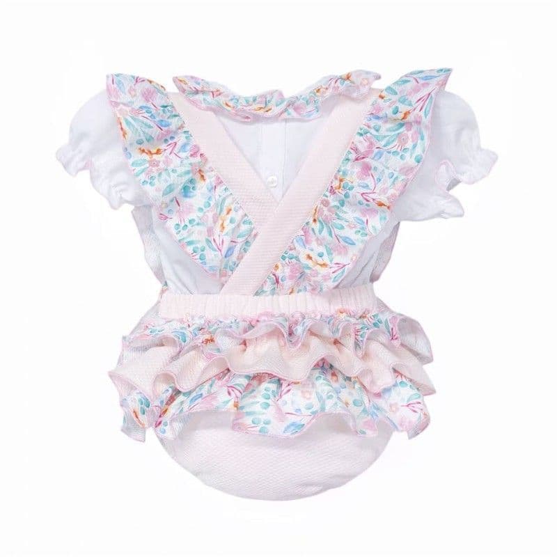 Baby Girl Pink Floral Waffle Frilly Bottom Romper with Shirt "2615"