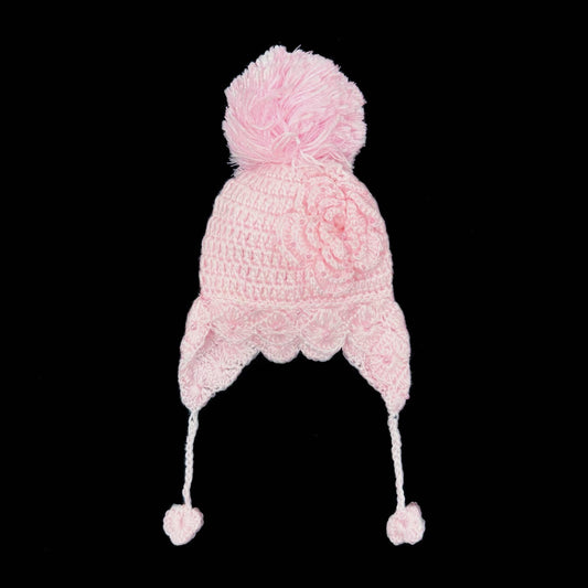 Baby Girls Pink Hand Crochet Pearl Pom Pom Hat