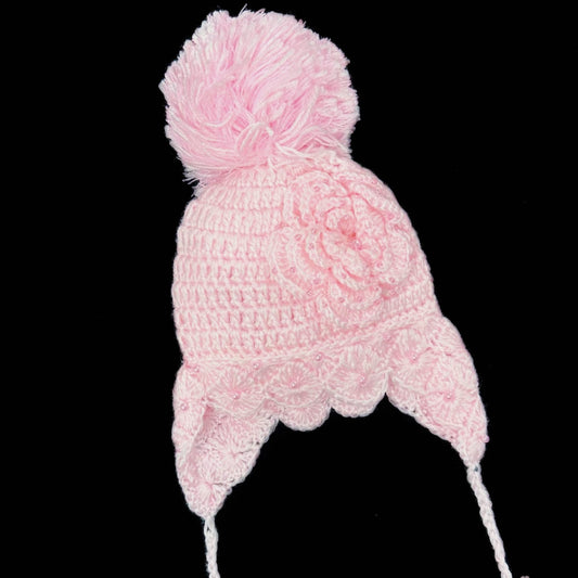 Baby Girls Pink Hand Crochet Pearl Pom Pom Hat