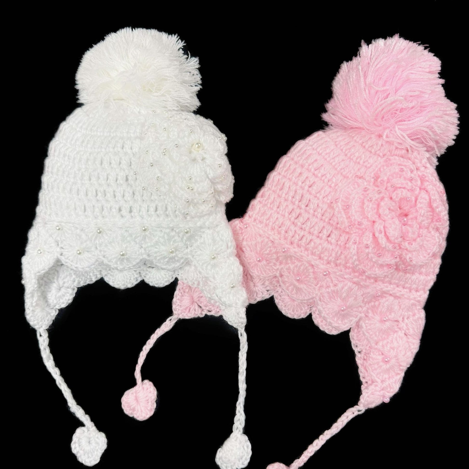 Baby Girls Pink Hand Crochet Pearl Pom Pom Hat