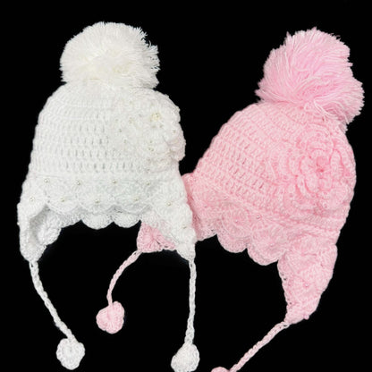 Baby Girls Pink Hand Crochet Pearl Pom Pom Hat