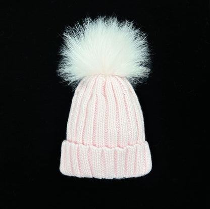 Baby Girls Pink Mega Faux Fur Pom Ribbed Hat