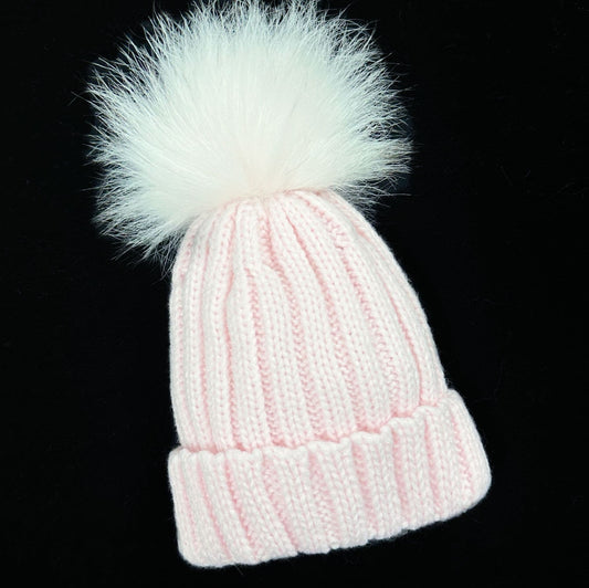 Baby Girls Pink Mega Faux Fur Pom Ribbed Hat