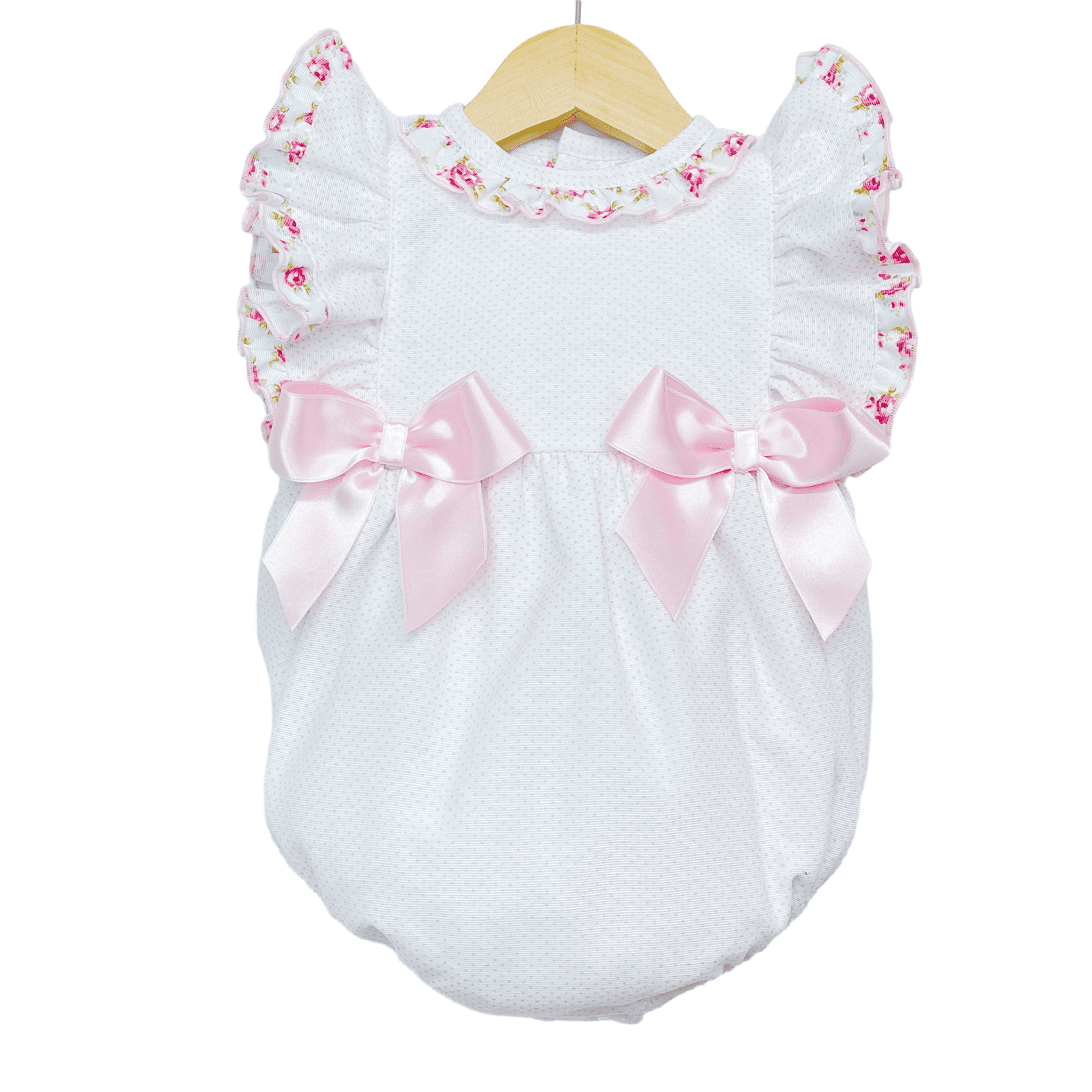 Baby Girl Pink Spotty Frilly Shoulder Romper Satin Bows "MYD2214"