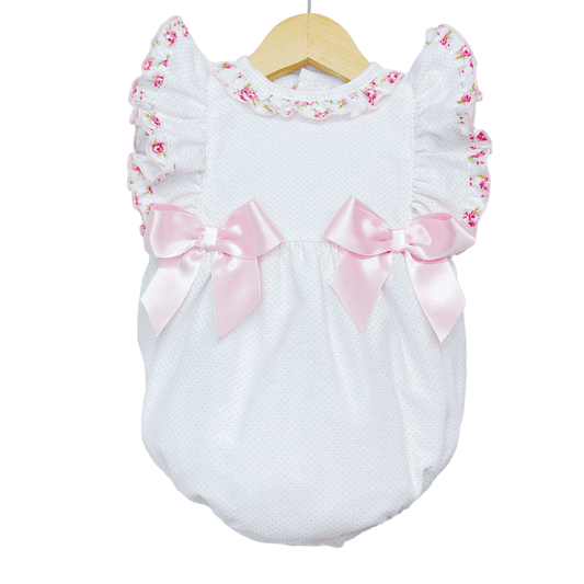 Baby Girl Pink Spotty Frilly Shoulder Romper Satin Bows "MYD2214"