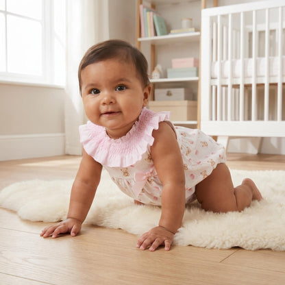 Baby Girl Pink Teddy Print Big Collar Romper "MYD26033"
