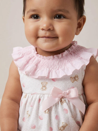 Baby Girl Pink Teddy Print Big Collar Romper "MYD26033"