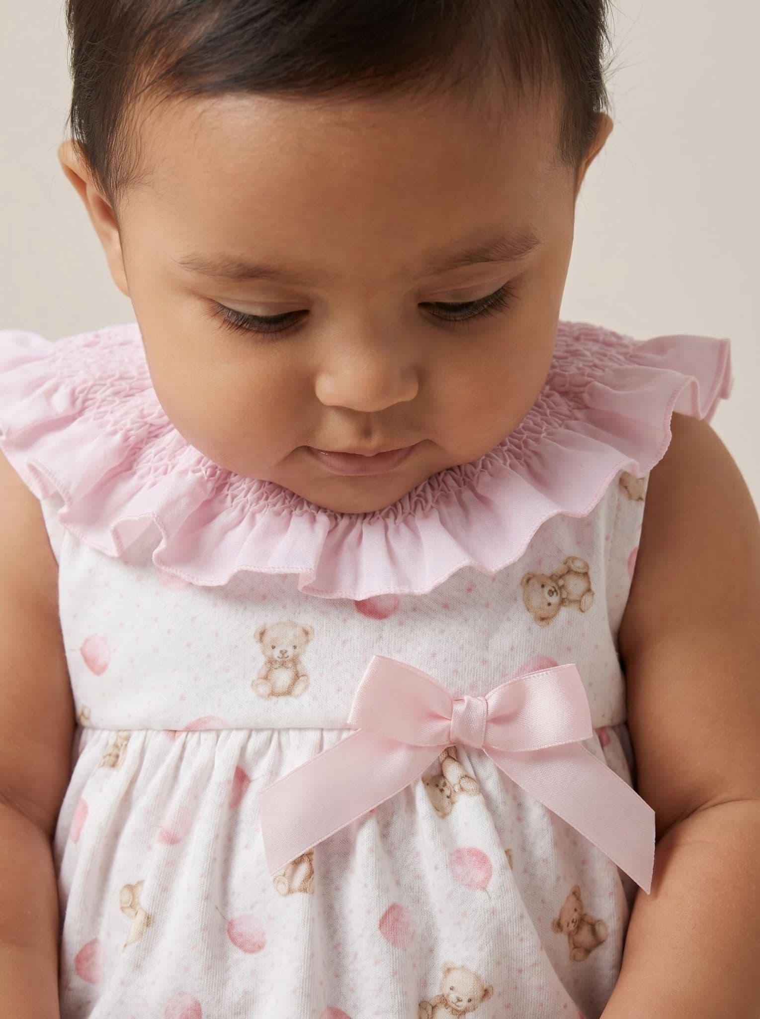 Baby Girl Pink Teddy Print Big Collar Romper "MYD26033"