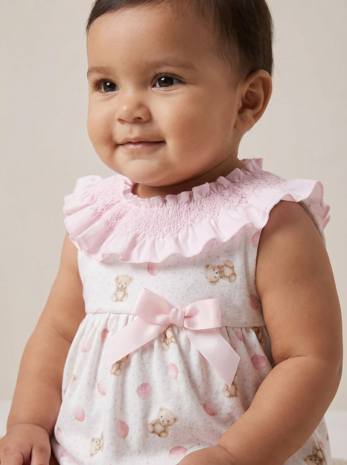 Baby Girl Pink Teddy Print Big Collar Romper "MYD26033"