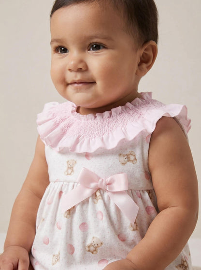 Baby Girl Pink Teddy Print Big Collar Romper "MYD26033"