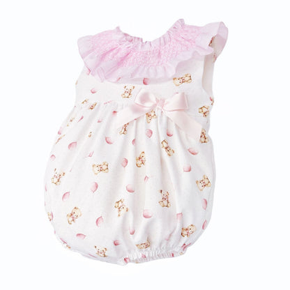Baby Girl Pink Teddy Print Big Collar Romper "MYD26033"