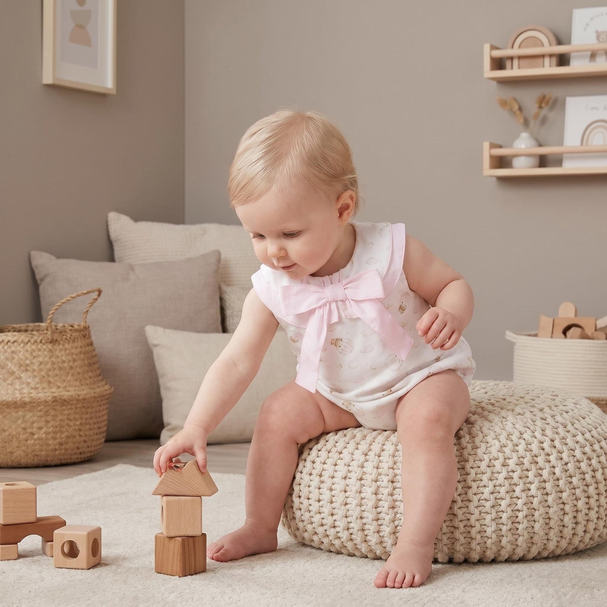 Baby Girl Pink Teddy Print Collar Romper "MYD26030"