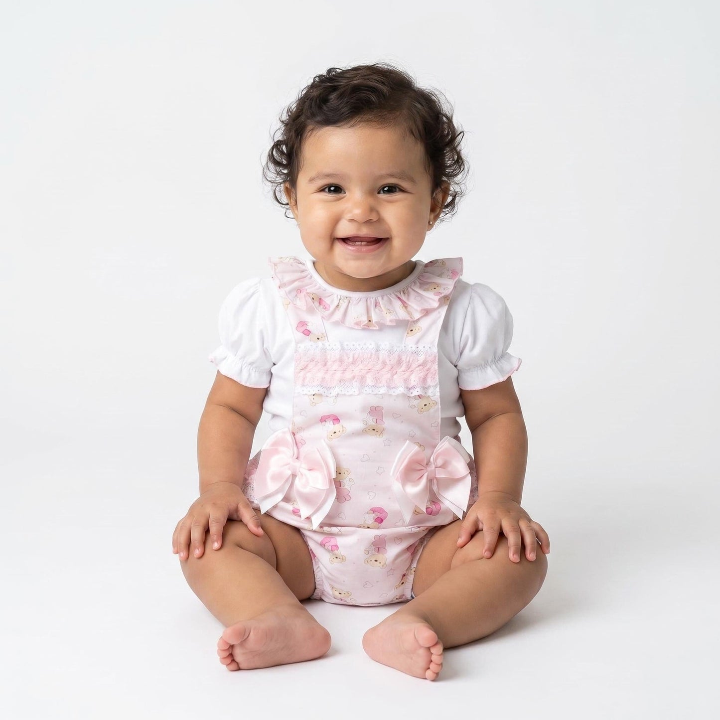 Baby Girl Pink Teddy Print Frilly Romper with Top "2516"