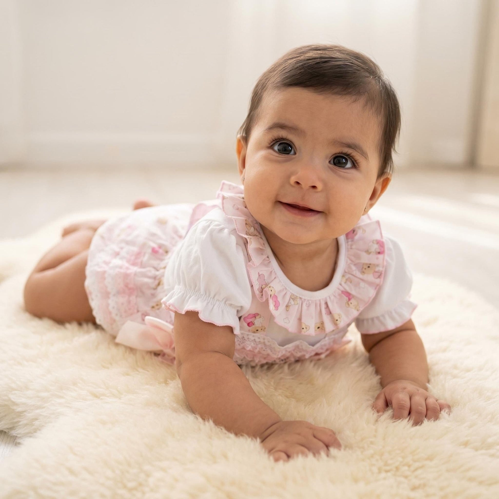 Baby Girl Pink Teddy Print Frilly Romper with Top "2516"