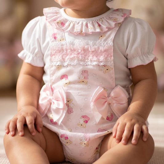 Baby Girl Pink Teddy Print Frilly Romper with Top "2516"