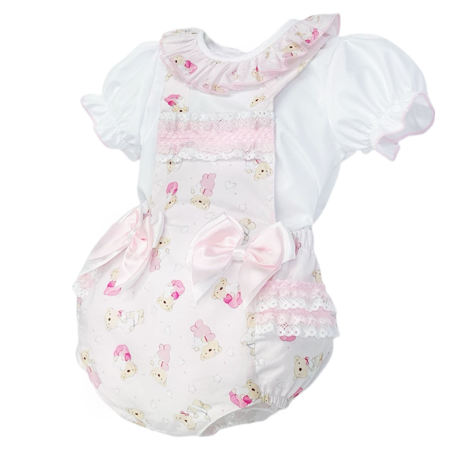 Baby Girl Pink Teddy Print Frilly Romper with Top "2516"