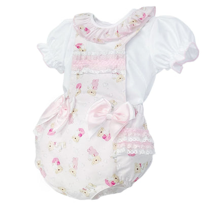 Baby Girl Pink Teddy Print Frilly Romper with Top "2516"