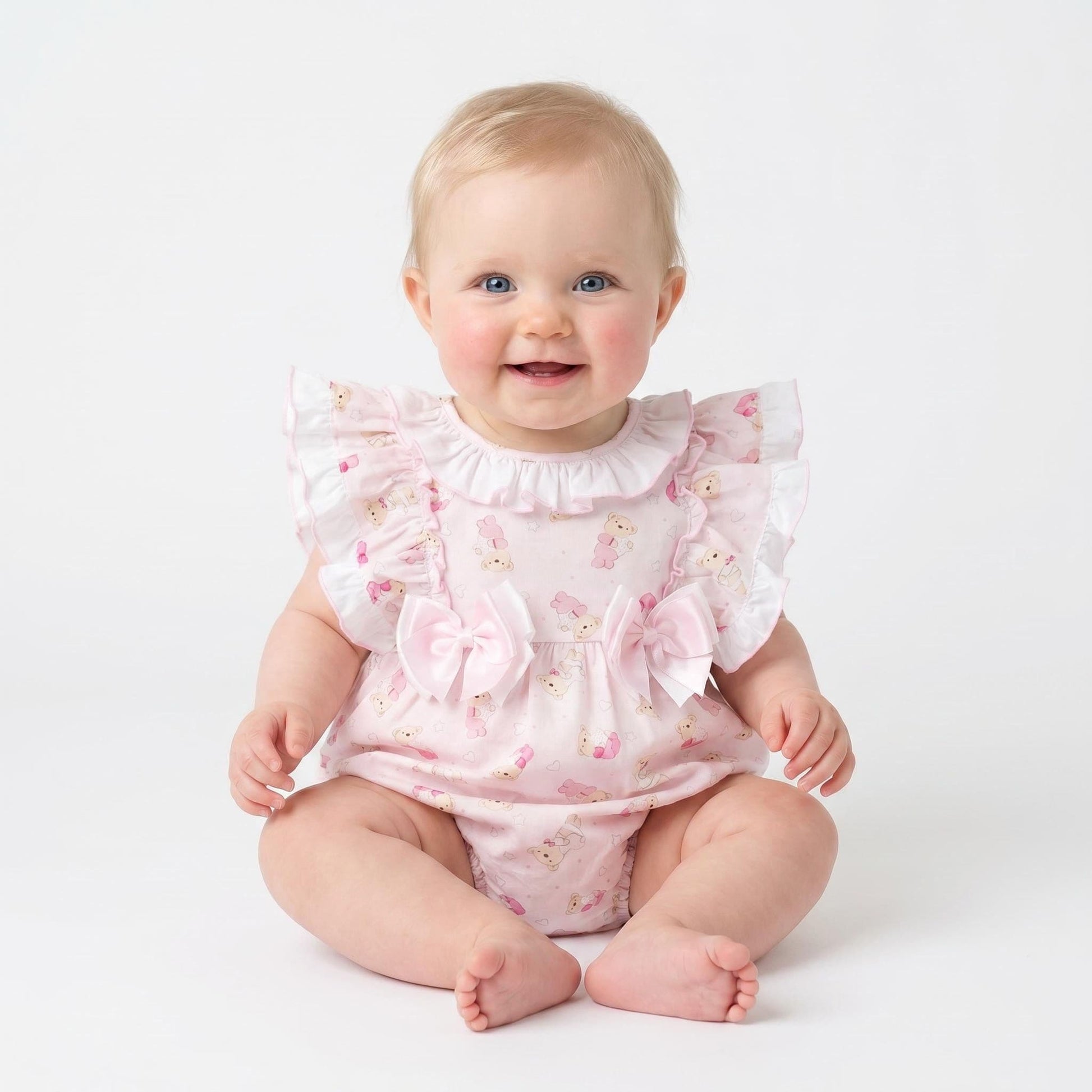 Baby Girl Pink Teddy Print Frilly Shoulder Romper "2515"