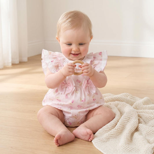 Baby Girl Pink Teddy Print Frilly Shoulder Romper "2515"