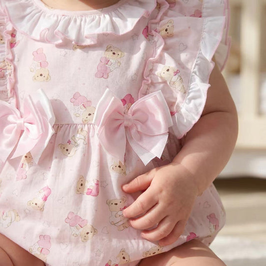 Baby Girl Pink Teddy Print Frilly Shoulder Romper "2515"