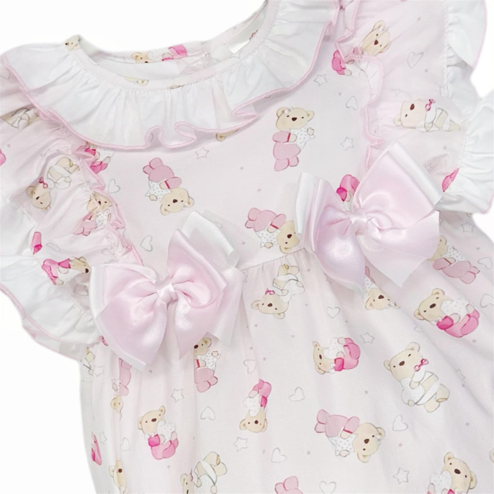 Baby Girl Pink Teddy Print Frilly Shoulder Romper "2515"