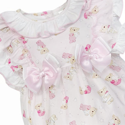 Baby Girl Pink Teddy Print Frilly Shoulder Romper "2515"