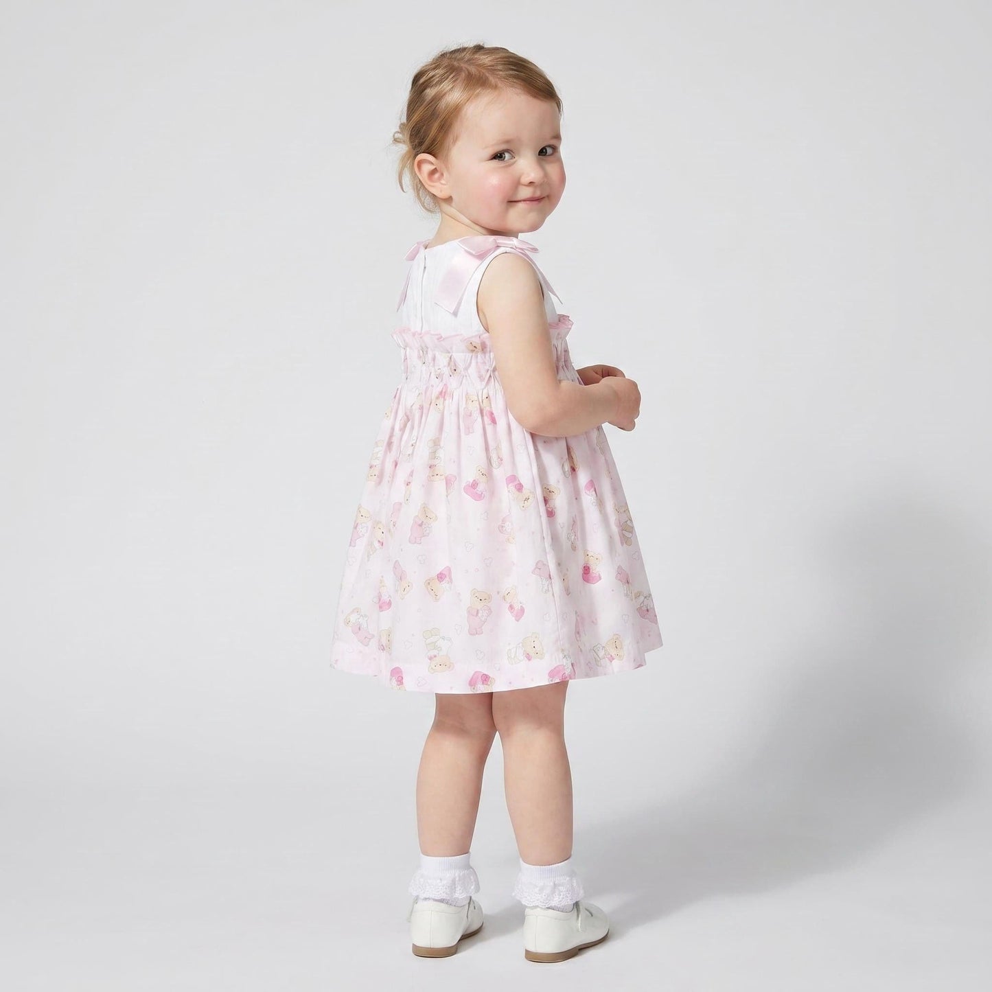 Baby Girl Pink Teddy Shoulder Bow Pearl Dress "2605"