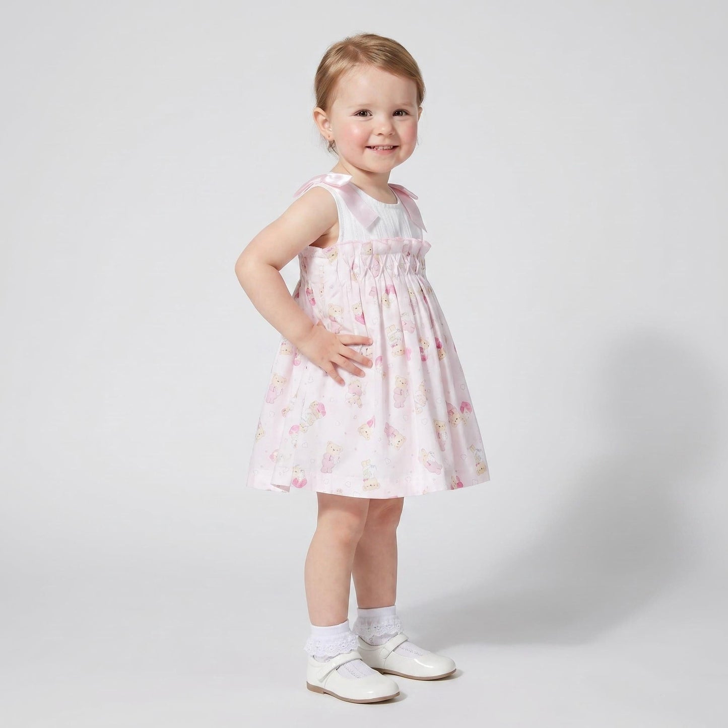 Baby Girl Pink Teddy Shoulder Bow Pearl Dress "2605"