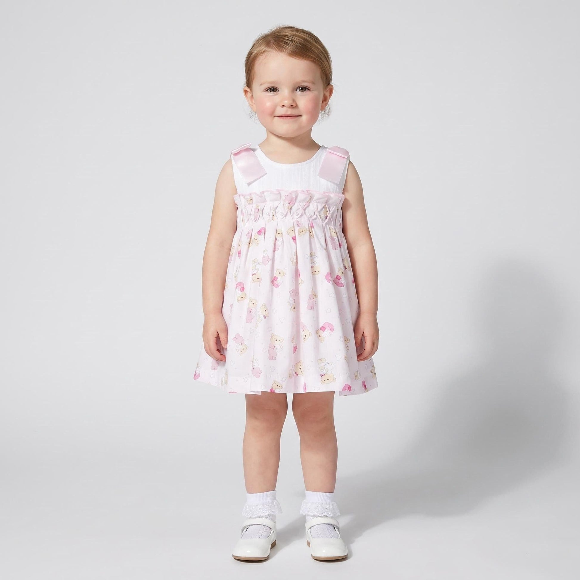 Baby Girl Pink Teddy Shoulder Bow Pearl Dress "2605"