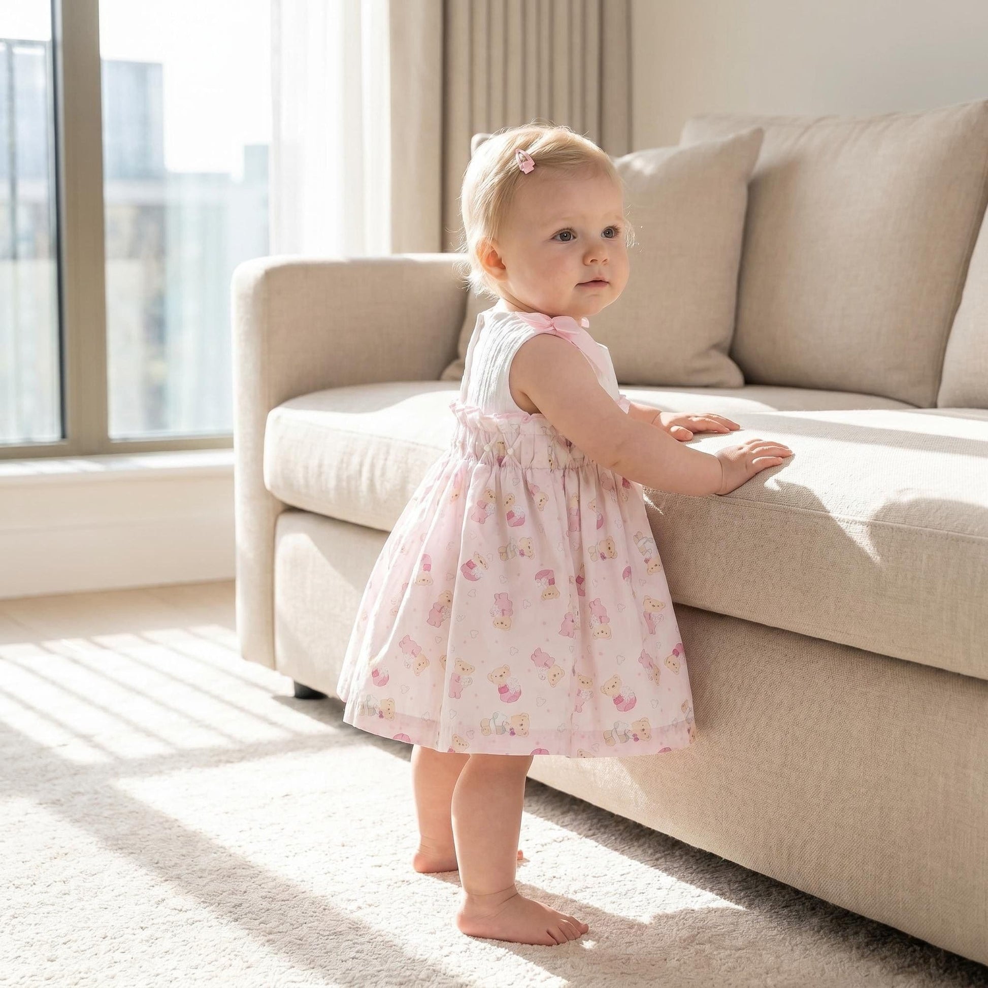 Baby Girl Pink Teddy Shoulder Bow Pearl Dress "2605"