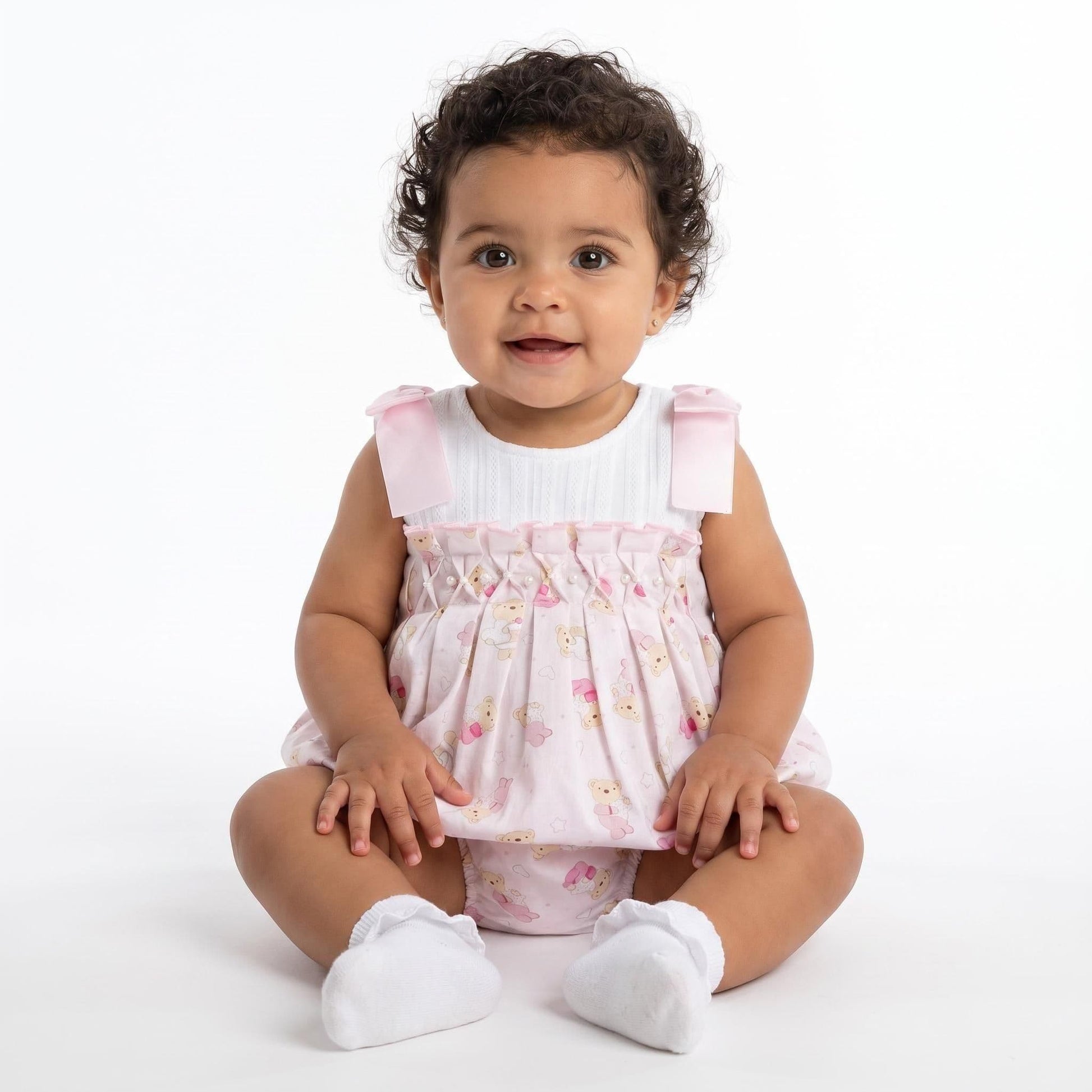 Baby Girl Pink Teddy Shoulder Bow Pearl Romper "2606"