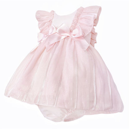 Baby Girl Pink Tulle Frilly Shoulder Puff Dress with Pants "MYD26001"