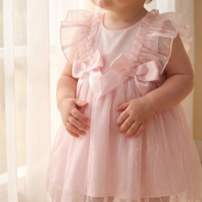 Baby Girl Pink Tulle Frilly Shoulder Puff Dress with Pants "MYD26001"