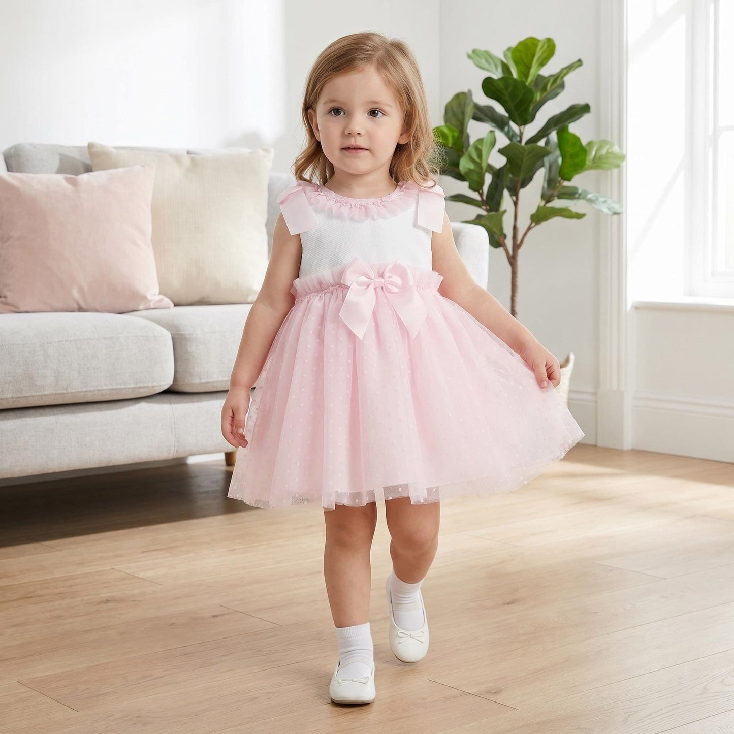 Baby Girl Pink Tulle Mesh Dress Satin Bow "2508 Pink"