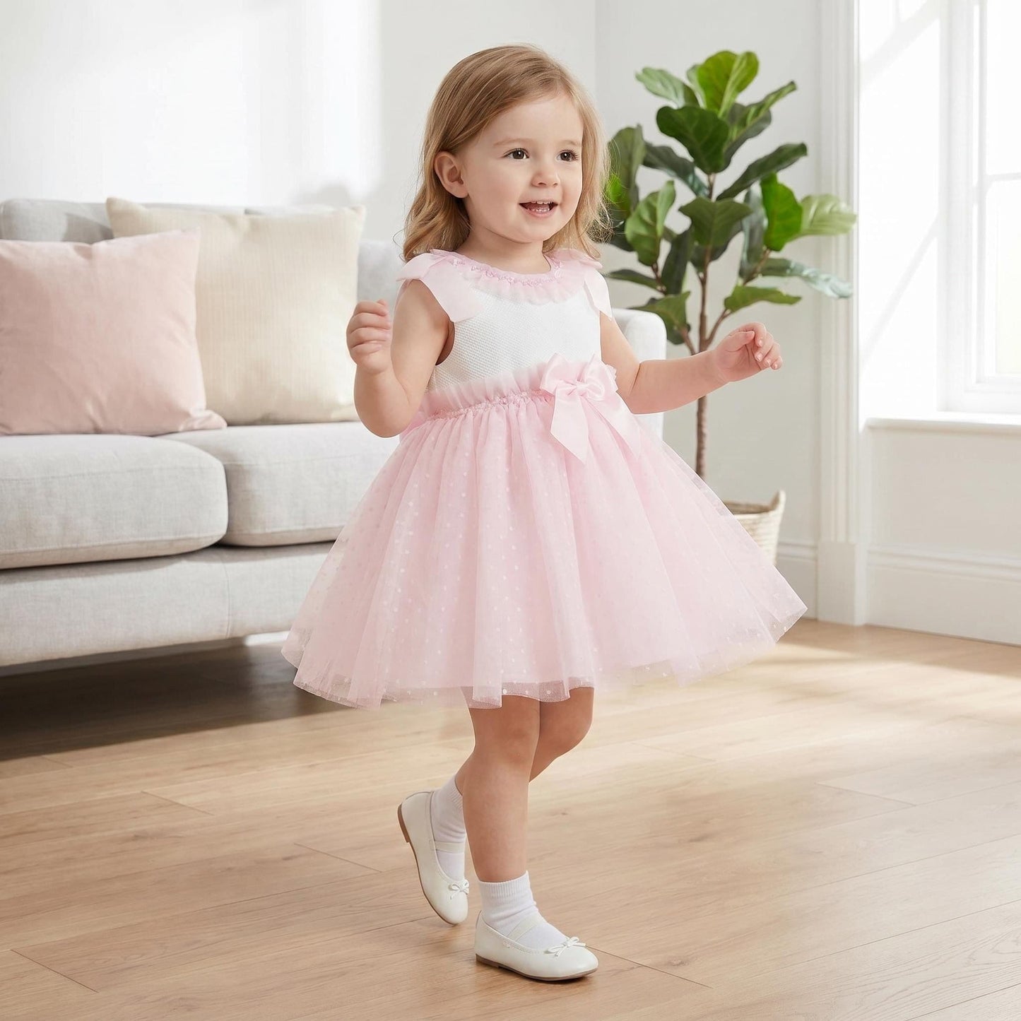 Baby Girl Pink Tulle Mesh Dress Satin Bow "2508 Pink"