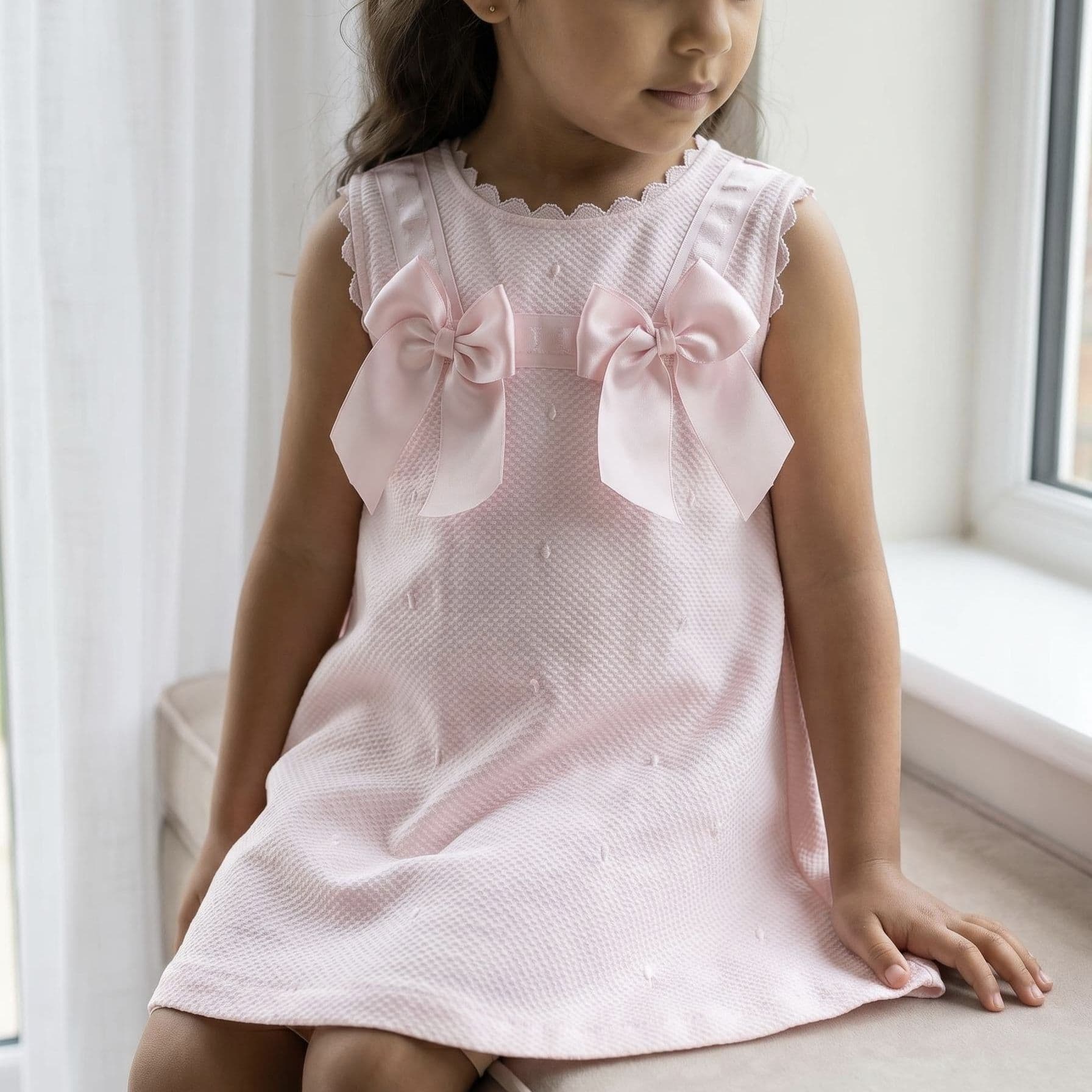 Baby Girl Pink Waffle A Line Dress Satin Bow "2517 Pink"