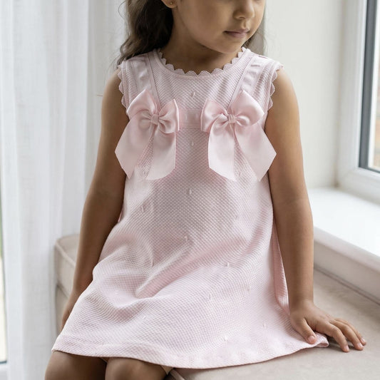 Baby Girl Pink Waffle A Line Dress Satin Bow "2517 Pink"