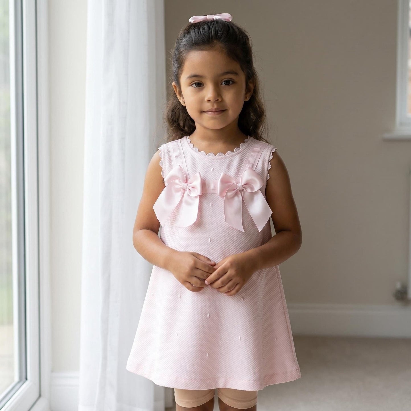 Baby Girl Pink Waffle A Line Dress Satin Bow "2517 Pink"