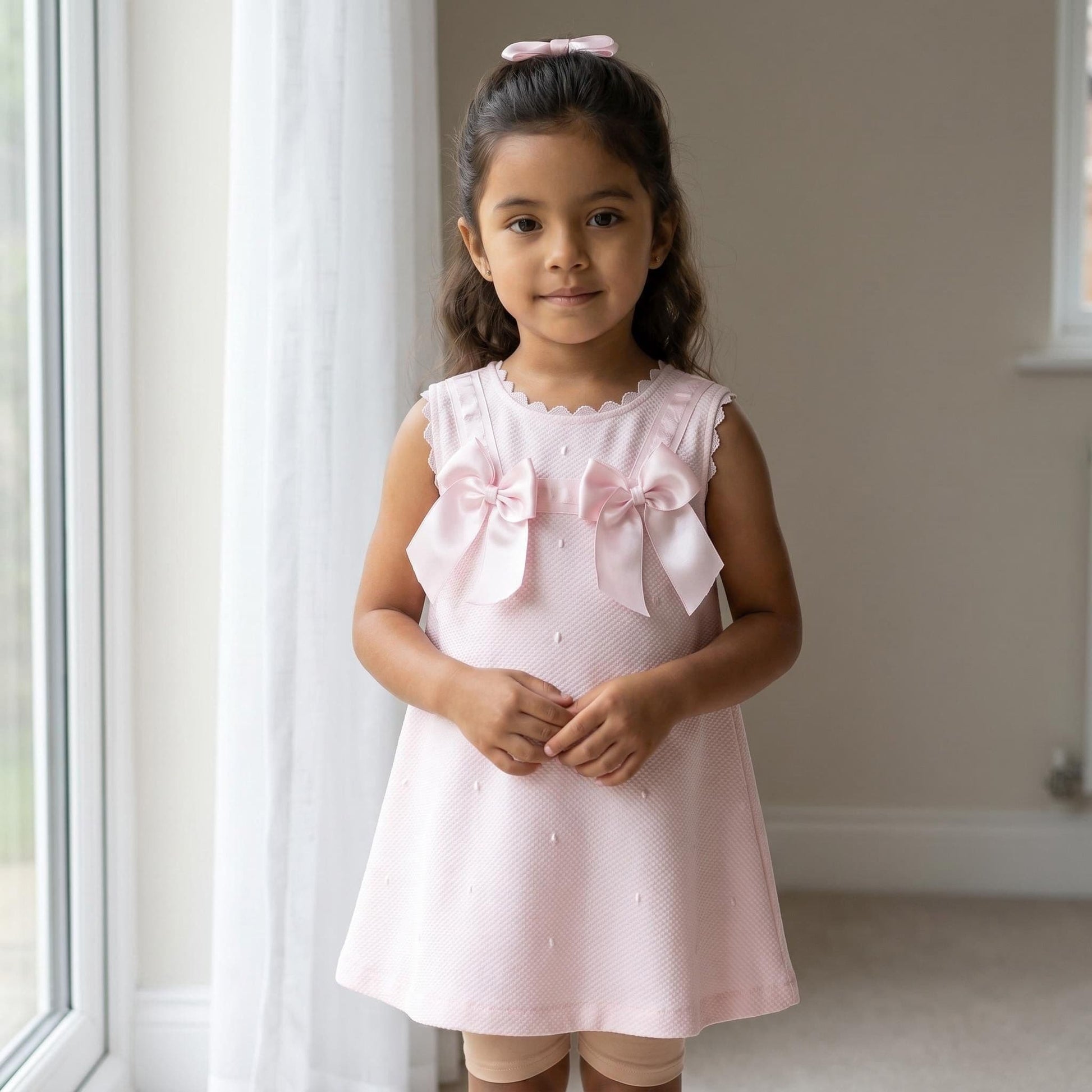 Baby Girl Pink Waffle A Line Dress Satin Bow "2517 Pink"