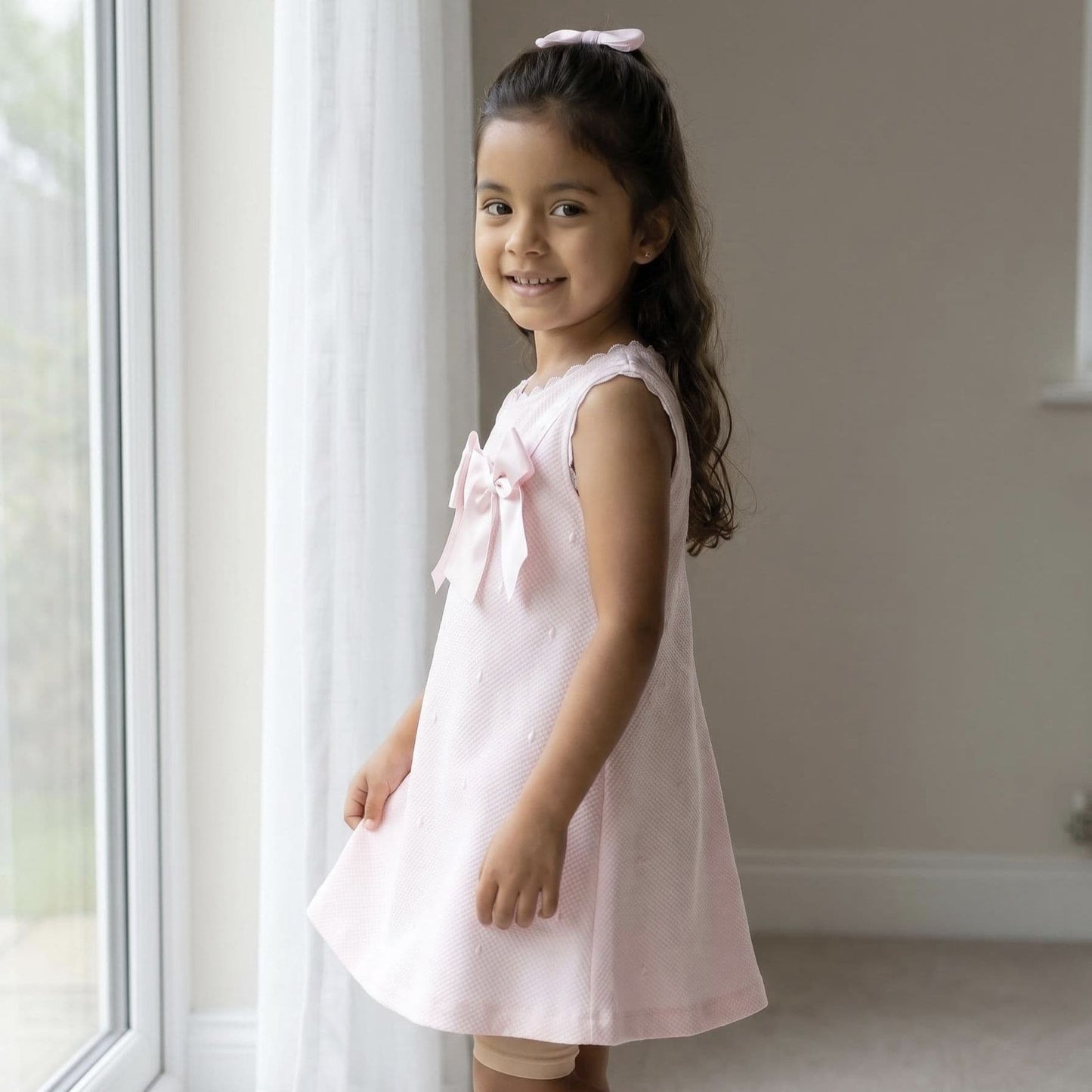 Baby Girl Pink Waffle A Line Dress Satin Bow "2517 Pink"