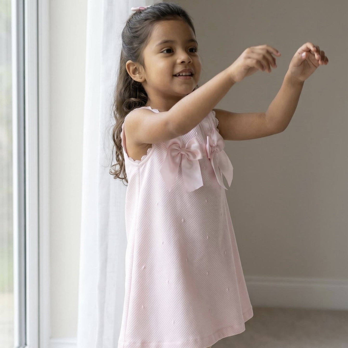 Baby Girl Pink Waffle A Line Dress Satin Bow "2517 Pink"