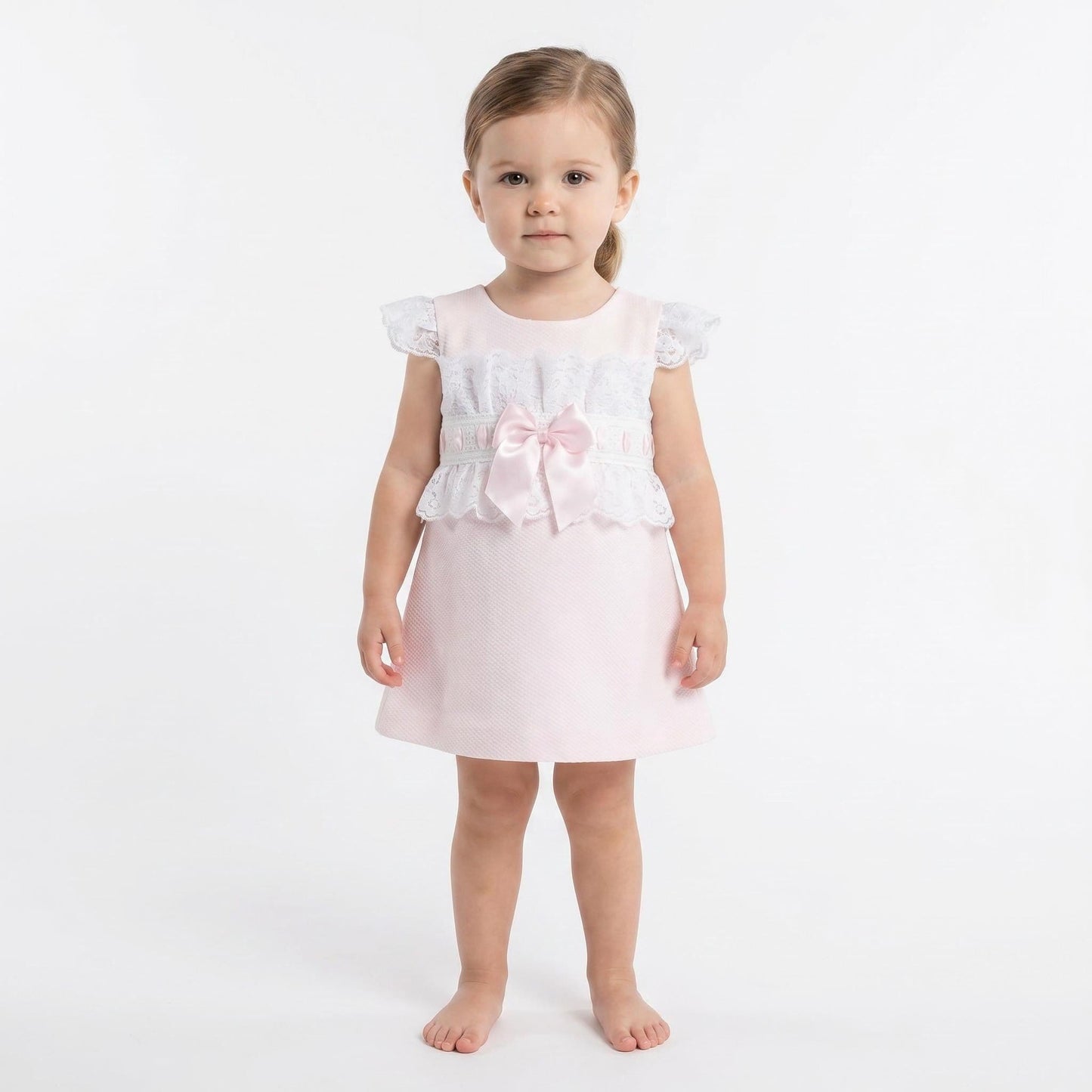 Baby Girl Pink Waffle A Line Lacey Dress Satin Bow "2518 Pink"