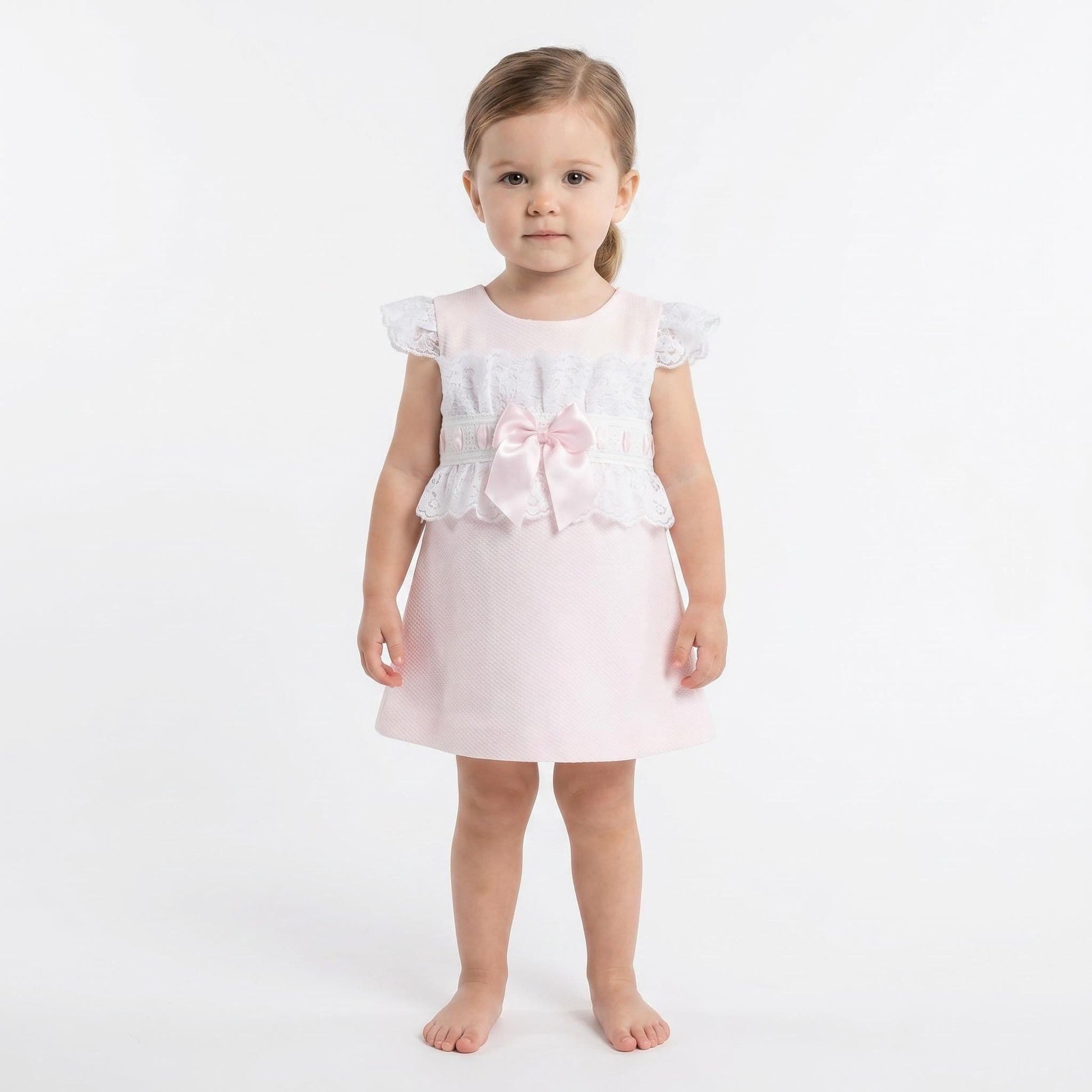 Baby Girl Pink Waffle A Line Lacey Dress Satin Bow "2518 Pink"