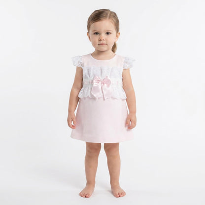 Baby Girl Pink Waffle A Line Lacey Dress Satin Bow "2518 Pink"