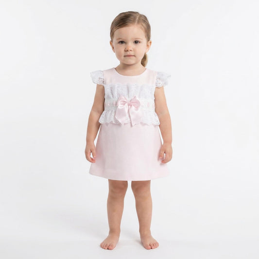 Baby Girl Pink Waffle A Line Lacey Dress Satin Bow "2518 Pink"