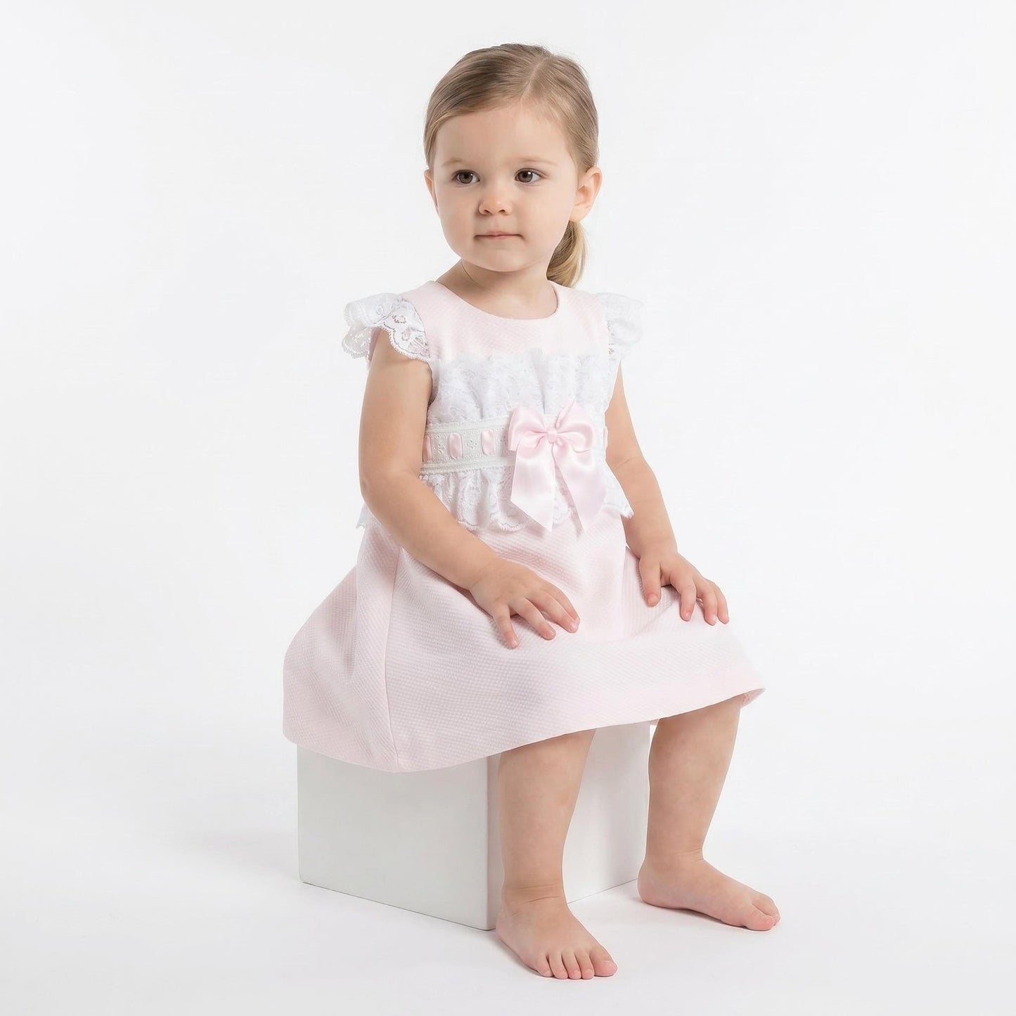 Baby Girl Pink Waffle A Line Lacey Dress Satin Bow "2518 Pink"
