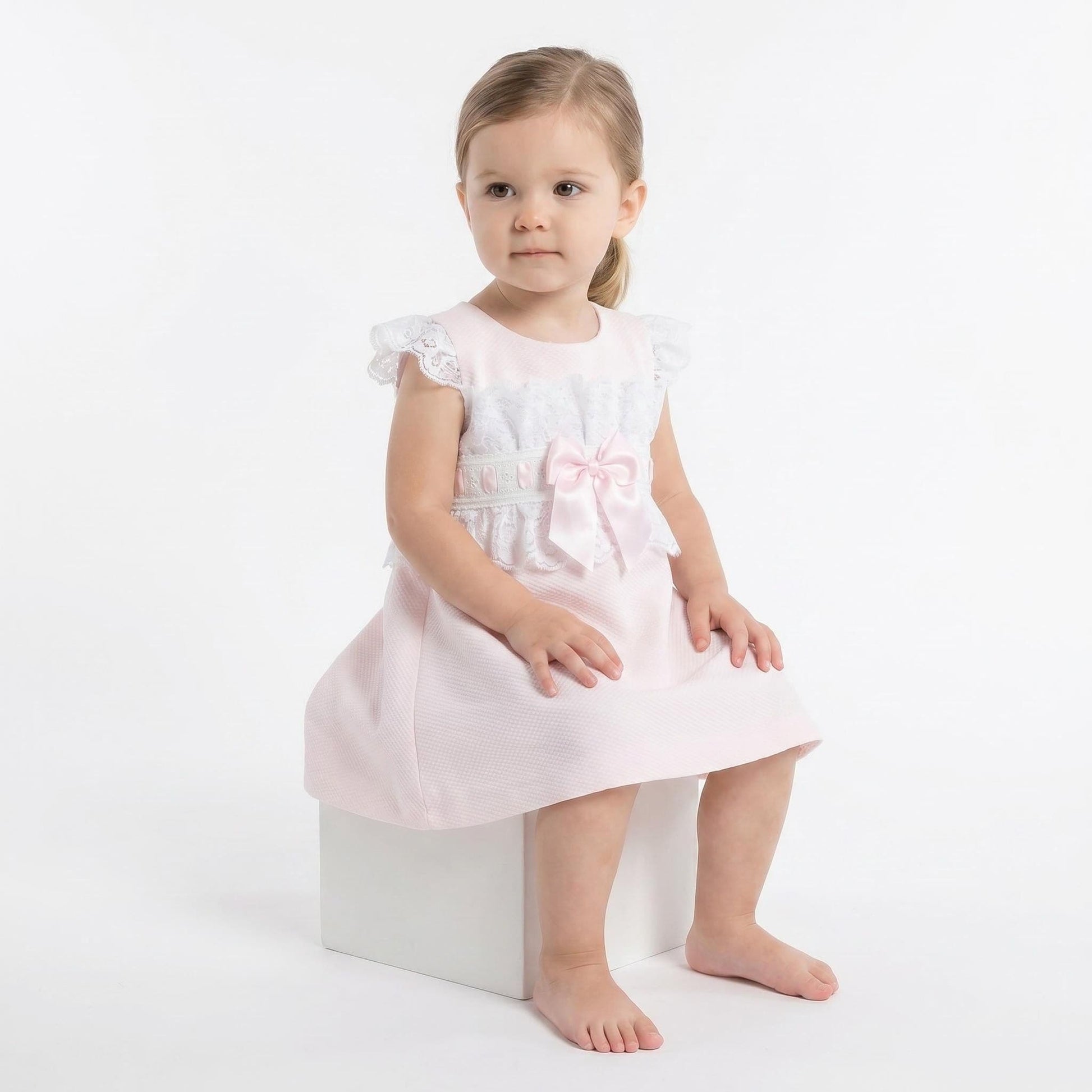 Baby Girl Pink Waffle A Line Lacey Dress Satin Bow "2518 Pink"