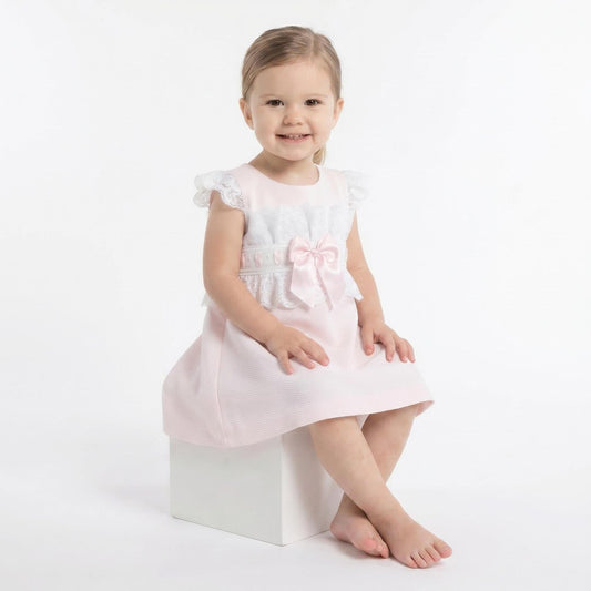 Baby Girl Pink Waffle A Line Lacey Dress Satin Bow "2518 Pink"