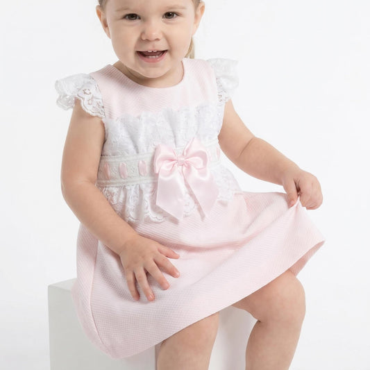 Baby Girl Pink Waffle A Line Lacey Dress Satin Bow "2518 Pink"