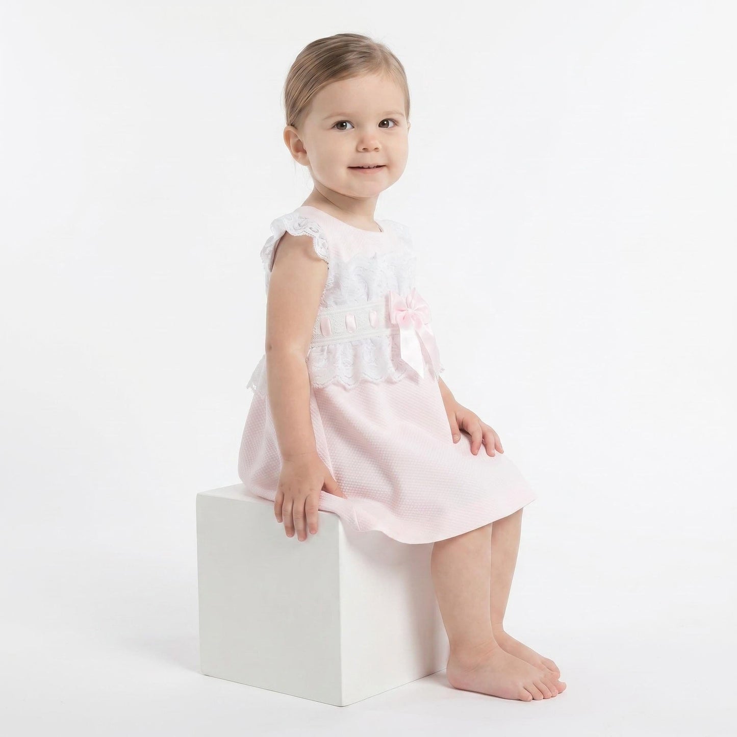 Baby Girl Pink Waffle A Line Lacey Dress Satin Bow "2518 Pink"